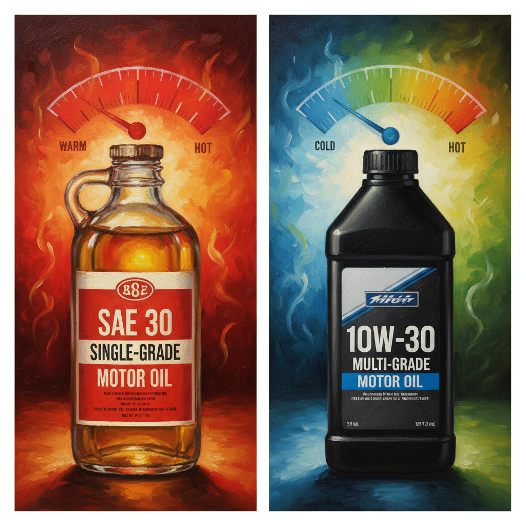 SAE 30 and 10W-30 oil bottles comparison