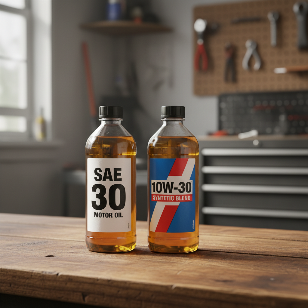 SAE 30 and 10W-30 motor oil bottles on a workbench