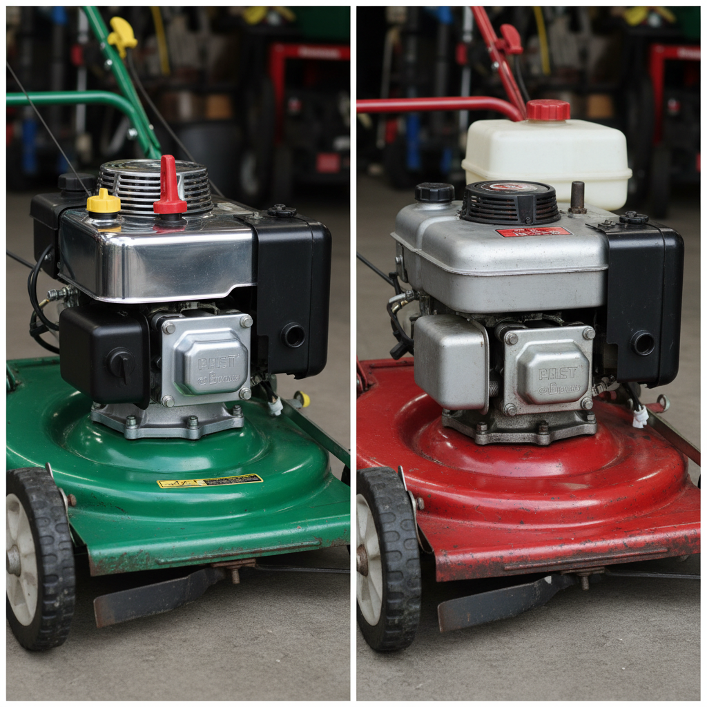 What Type of Oil Does a Lawn Mower Use? (4-Stroke, 2-Stroke & Temperature Guide) Side-by-side comparison of a four-stroke and a two-stroke lawn mower engine.
