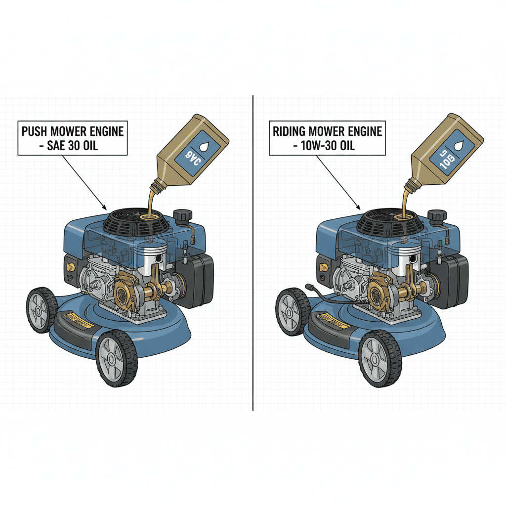 Comparison illustration of push mower engine receiving SAE 30 oil and riding mower engine receiving 10W-30 oil