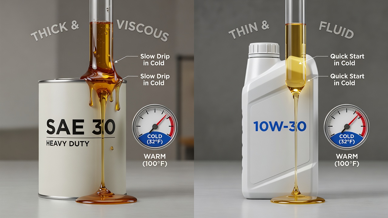 Comparison of SAE 30 and 10W-30 oil viscosity