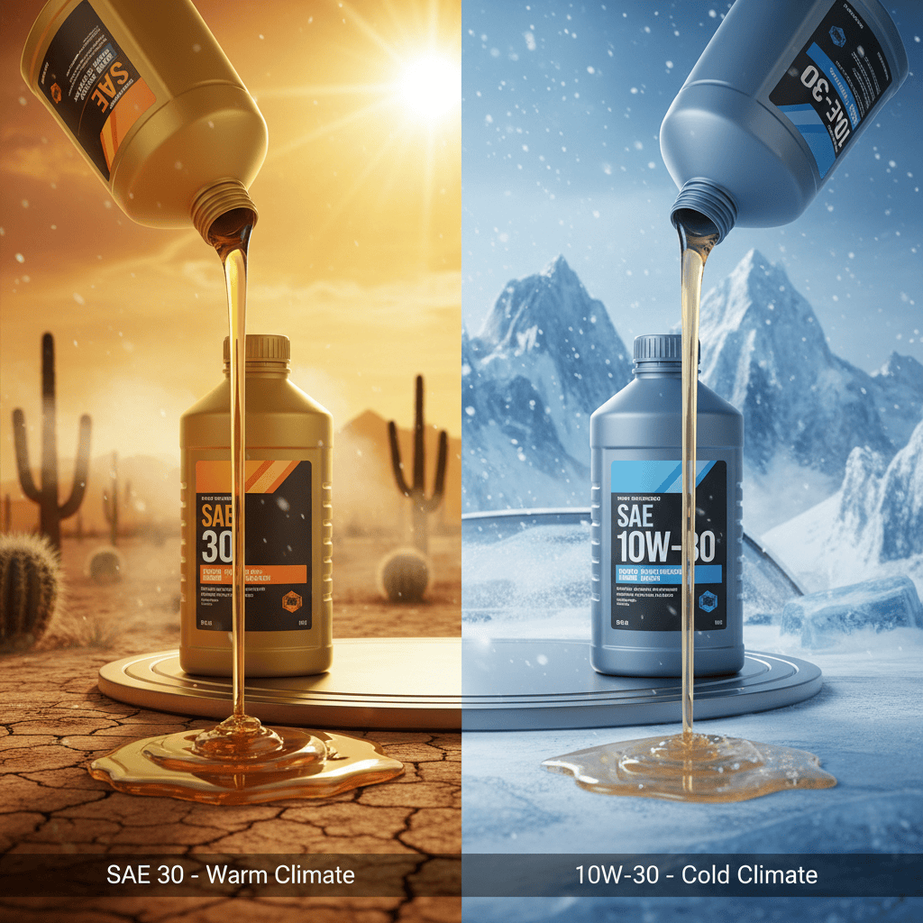 Side-by-side comparison of SAE 30 and 10W-30 oil in warm and cold climate environments