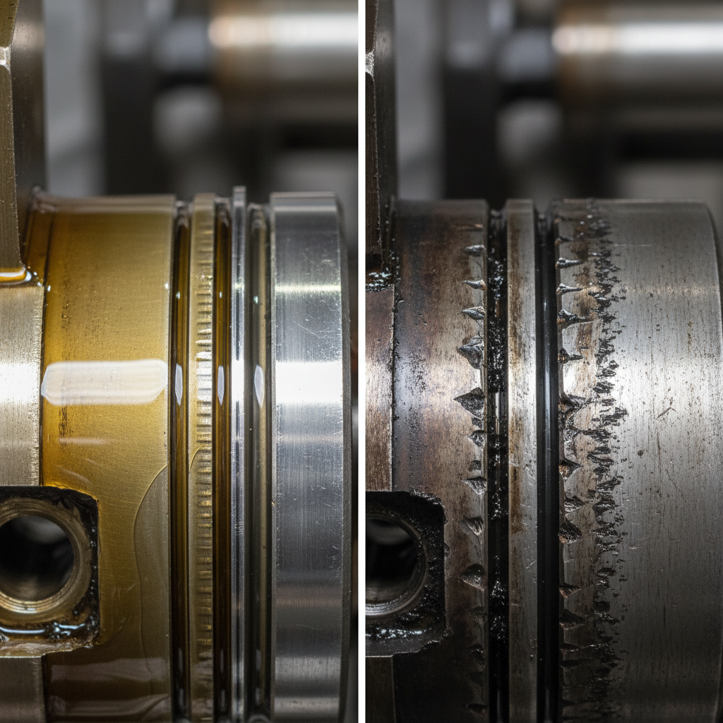 Side-by-side comparison of a lubricated engine part versus a worn, unlubricated part