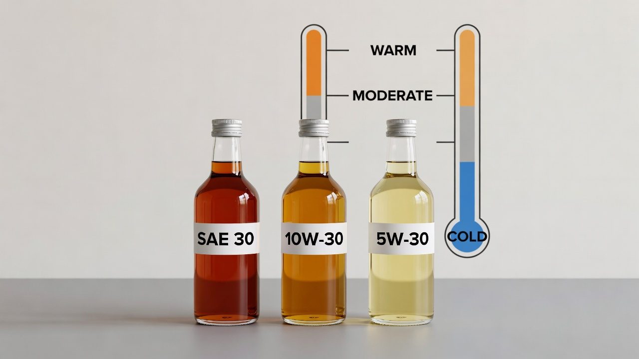 Three oil bottles representing SAE 30, 10W-30, and 5W-30 viscosity grades displayed with temperature range indicators.