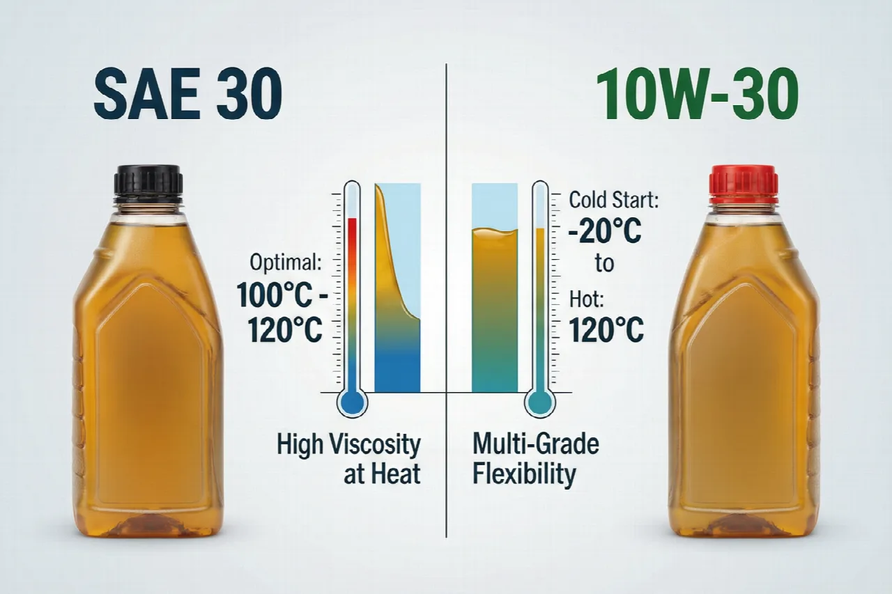 What Type of Oil for Toro Lawn Mower? (2026) SAE 30 and 10W-30 motor oil bottles with temperature scale showing viscosity performance across climate conditions