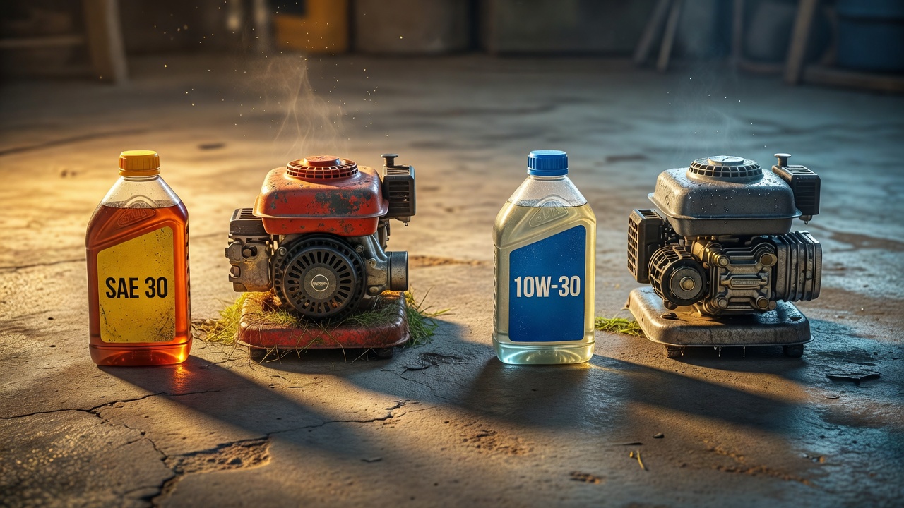 SAE 30 and 10W-30 oil bottles compared next to a lawn mower engine