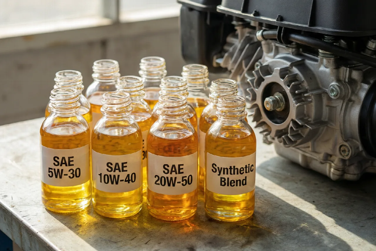 What Type of Oil Does a Briggs and Stratton Lawn Mower Take? Different oil viscosity bottles beside a lawn mower engine