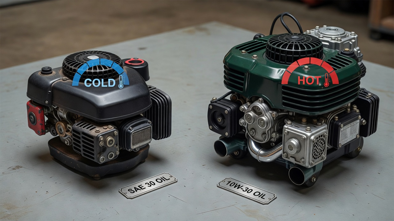 What Type of Oil Do You Put in a Lawn Mower? (Engine Type, Viscosity & Climate Guide) Comparison of 4-stroke push mower and riding mower engines in different temperature conditions