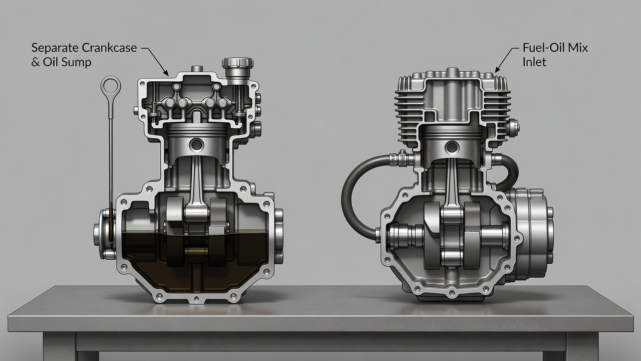 Cutaway diagrams comparing four-stroke engine with oil sump and two-stroke engine without oil reservoir
