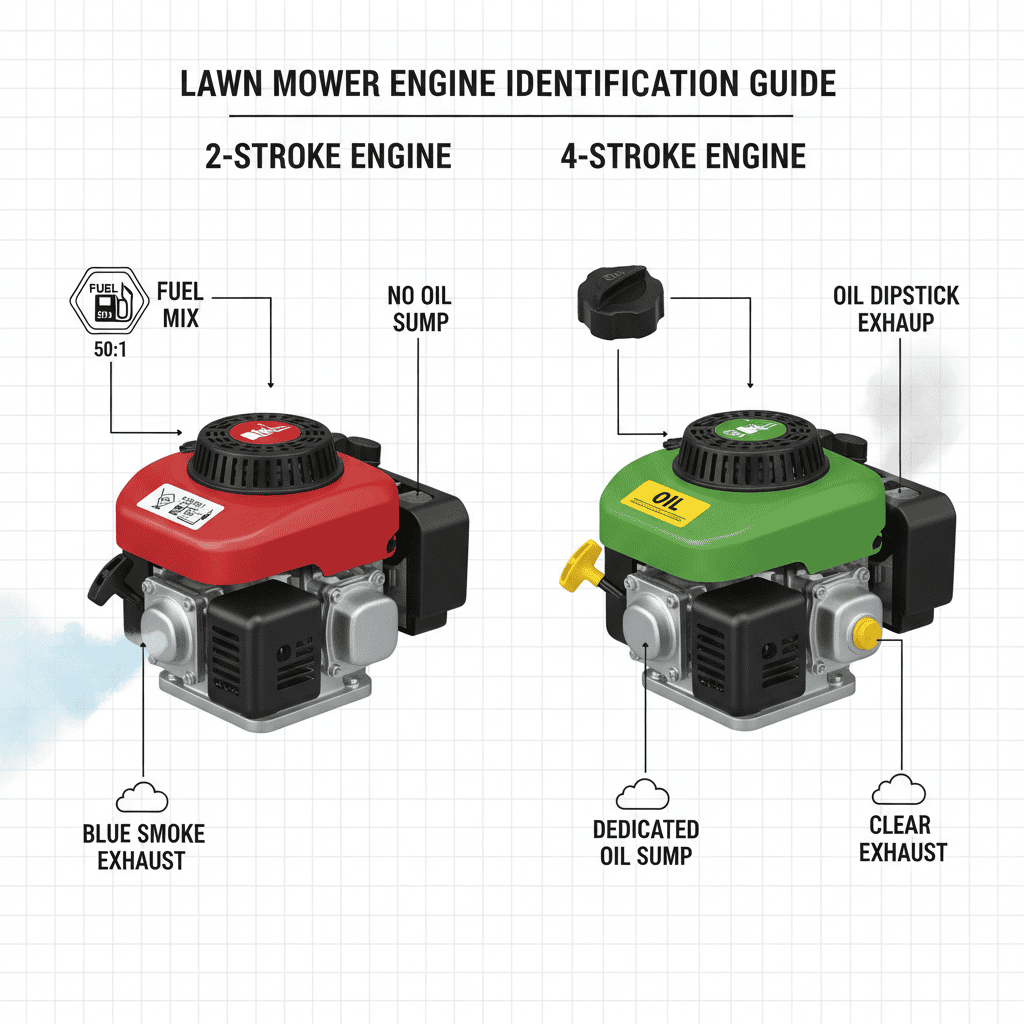 Visual guide comparing external features of 2-stroke and 4-stroke lawn mower engines