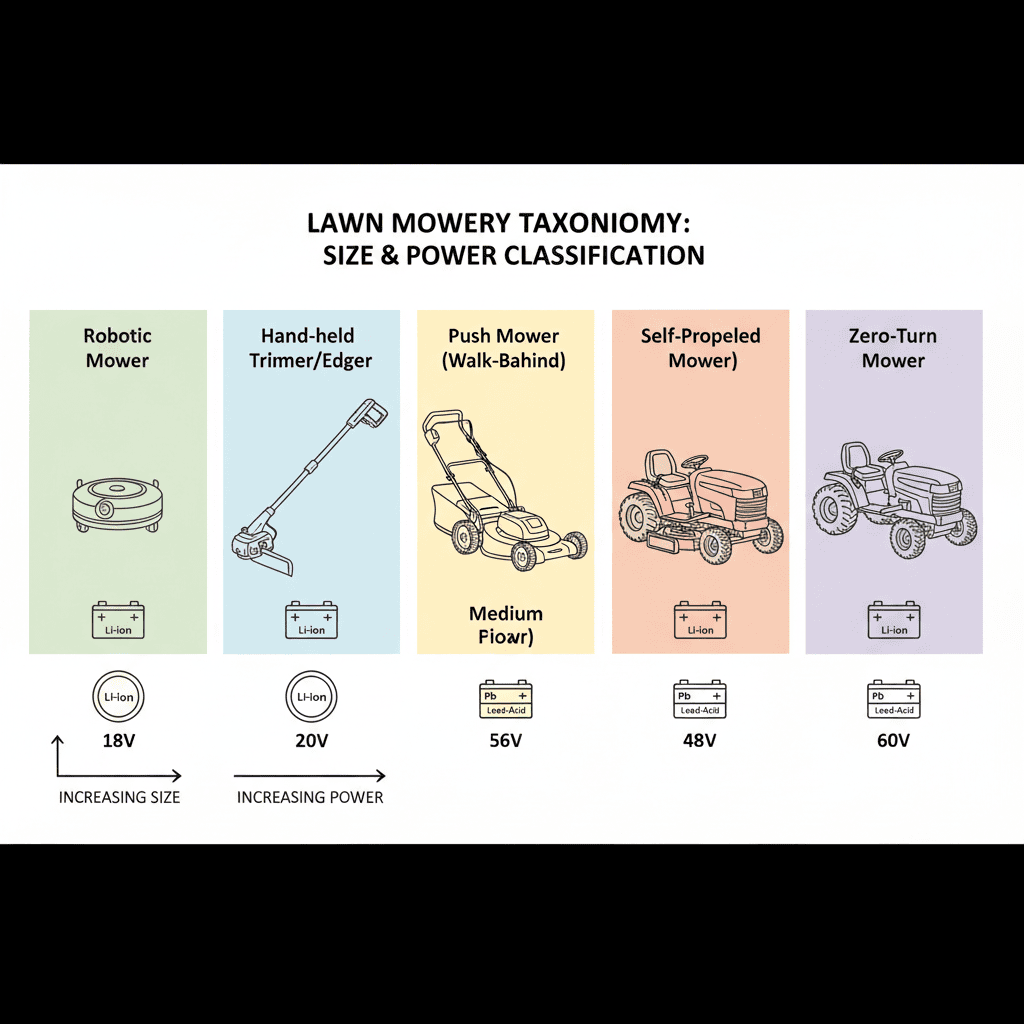 Lawn mower types organized by size and voltage: push mowers, small riding mowers, large riding mowers, zero-turn mowers, cordless push mowers, and cordless riding mowers