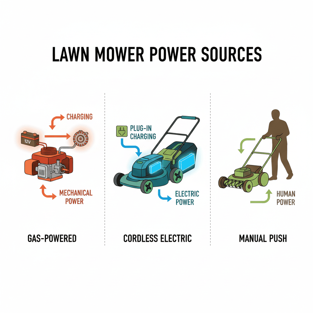 Visual comparison of three lawn mower power systems: gas engine with 12V battery and alternator, cordless electric with lithium-ion pack, and manual push mower