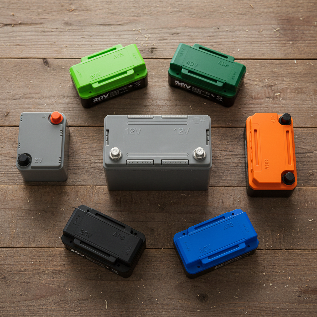 An assortment of lawn mower batteries, including lead-acid and various lithium-ion packs, displayed on a wooden table.