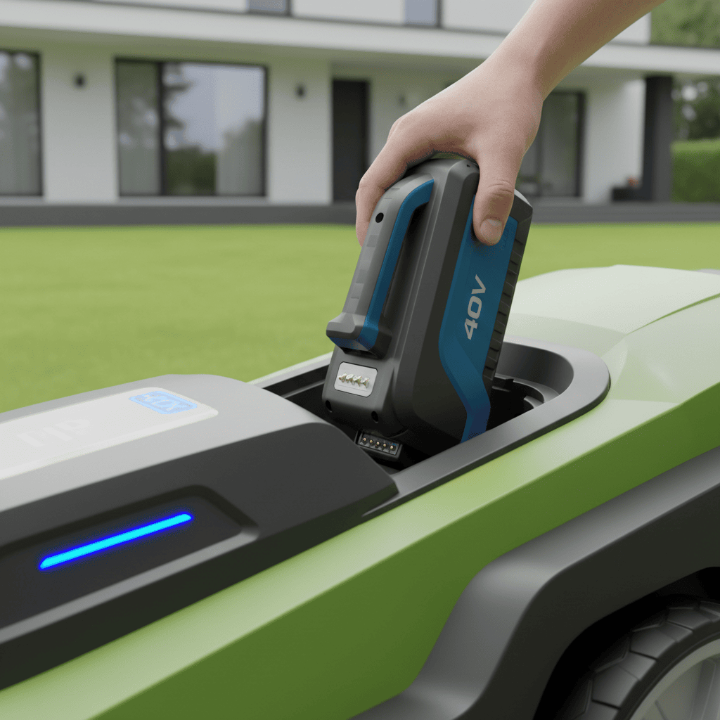 Modern cordless lawn mower with 40V lithium-ion battery pack being installed