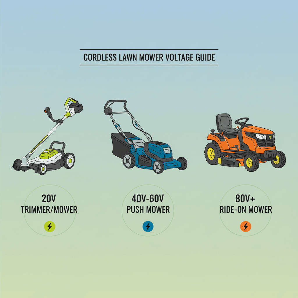 Illustrative comparison of lawn mower types and their typical voltage ranges.