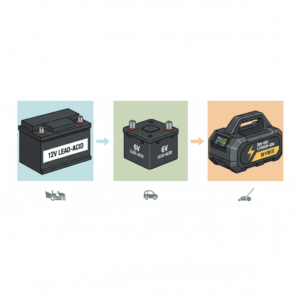 Three lawn mower batteries showing 12V, 6V, and 36V-40V voltage types
