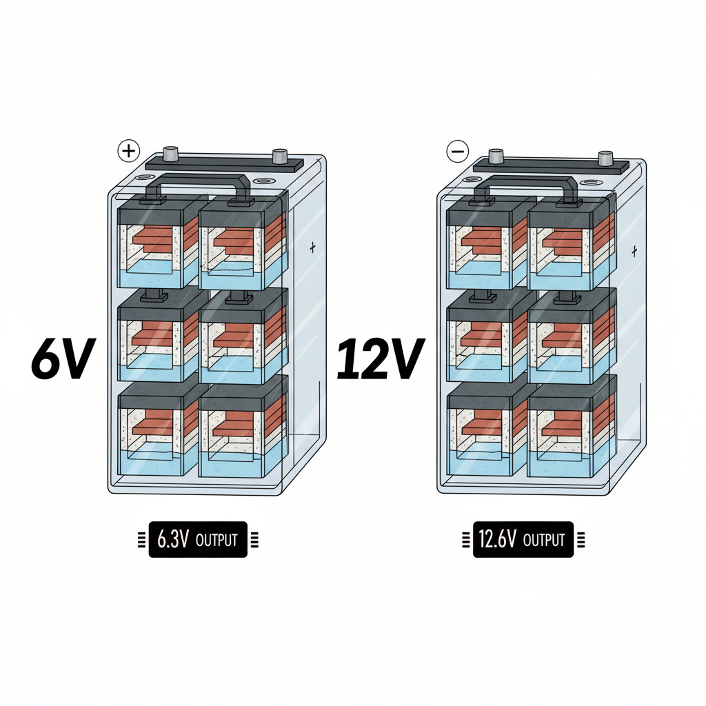 Technical cutaway diagram comparing internal cell structure of 6-volt and 12-volt lead-acid batteries