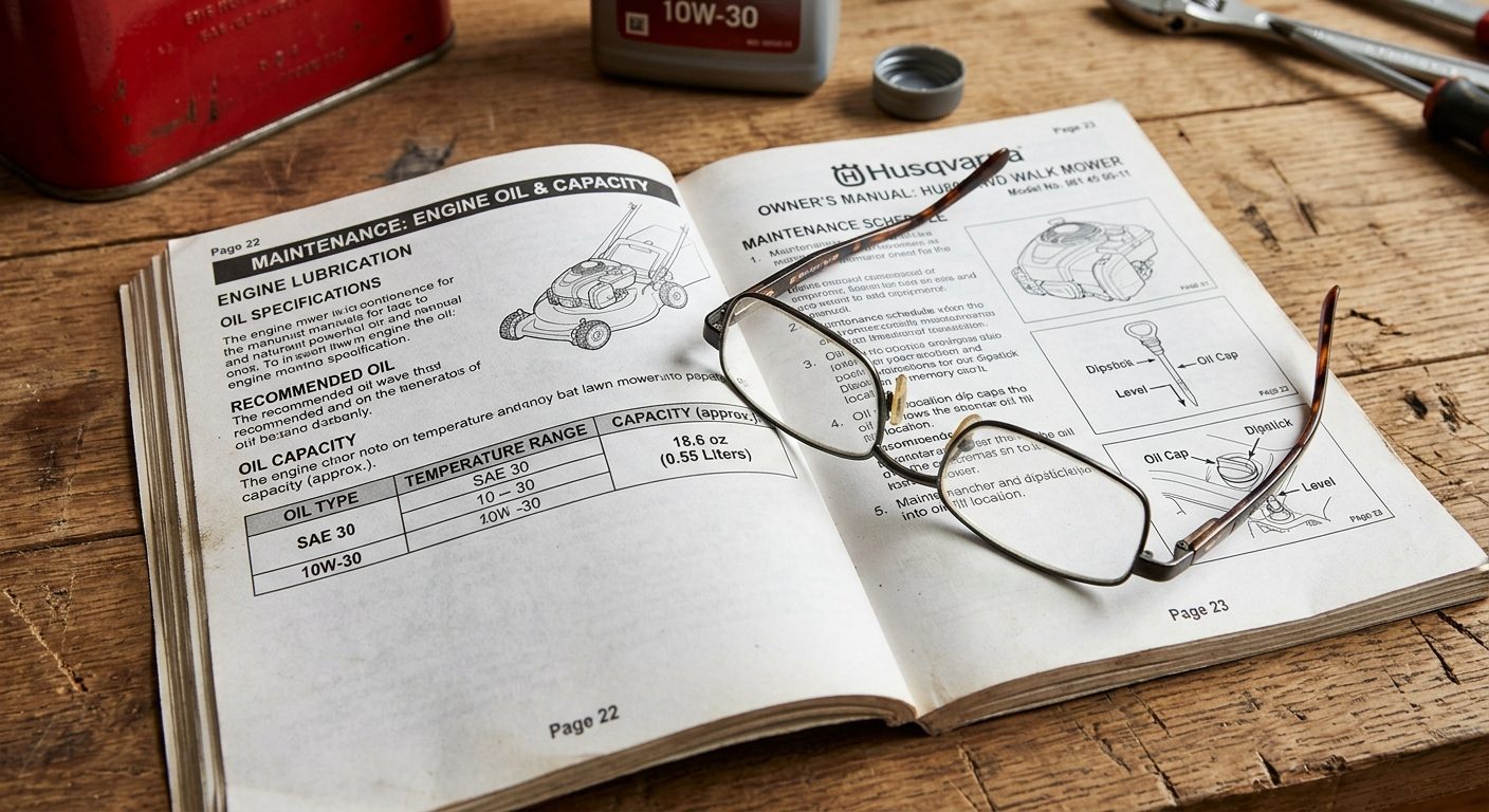 Lawn mower owner's manual open to oil specification pages