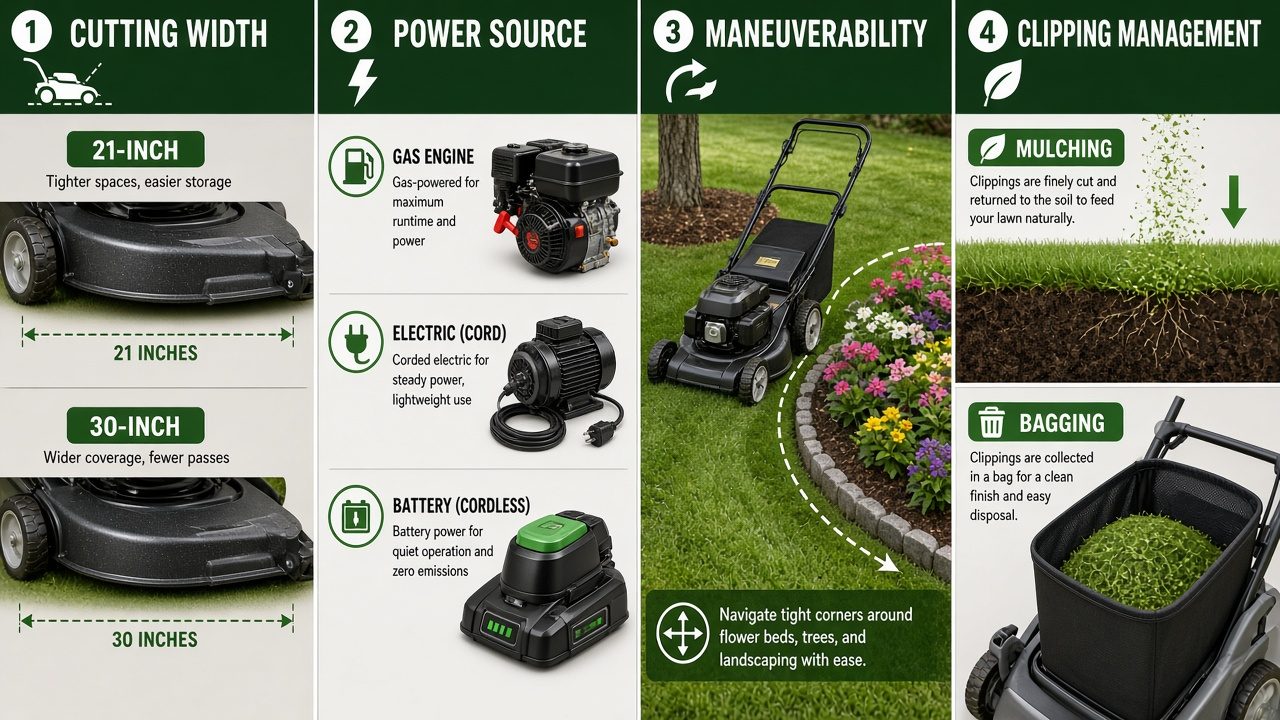 Four-part visual comparison of cutting width, power sources, maneuverability, and clipping handling