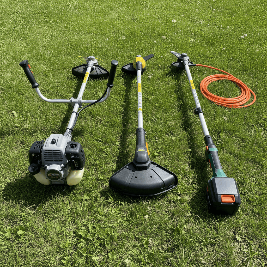Three different weed eater types displayed side by side showing distinct design features