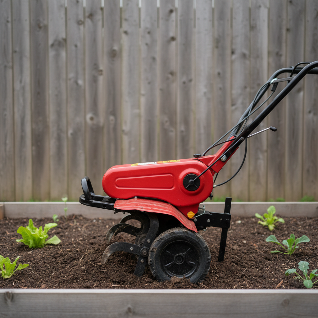 Walk-behind garden tiller parked in a loosened backyard soil bed