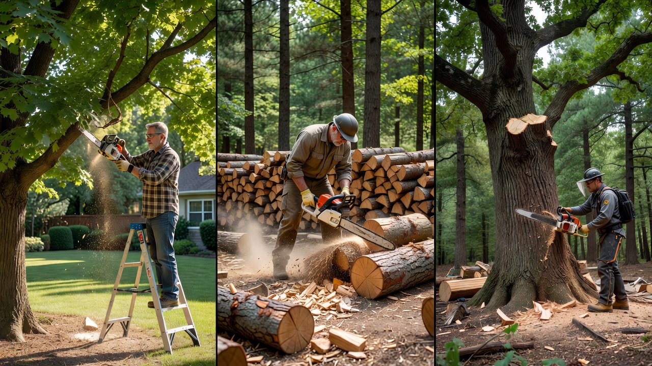 Three separate outdoor scenes showing light trimming, moderate firewood cutting, and professional heavy tree work with appropriately-sized chainsaws.