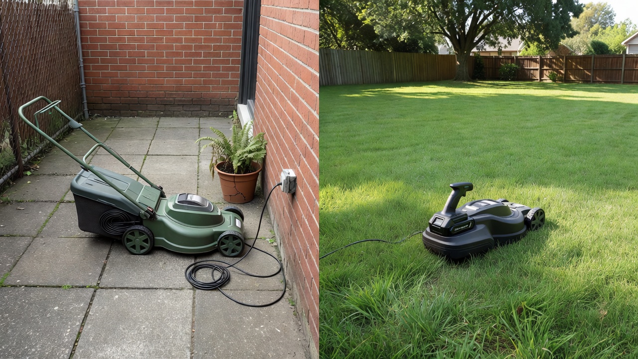 What Is the Best Electric Lawn Mower? (How to Choose the Right One for Your Yard) Side-by-side comparison of corded mower in confined space versus cordless mower in open yard