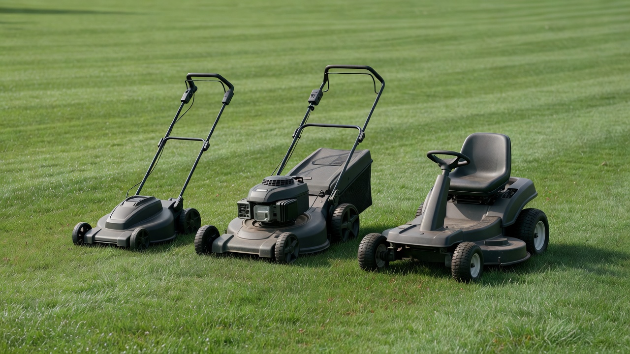 Push, self-propelled and riding mowers lined up side by side on a lawn.