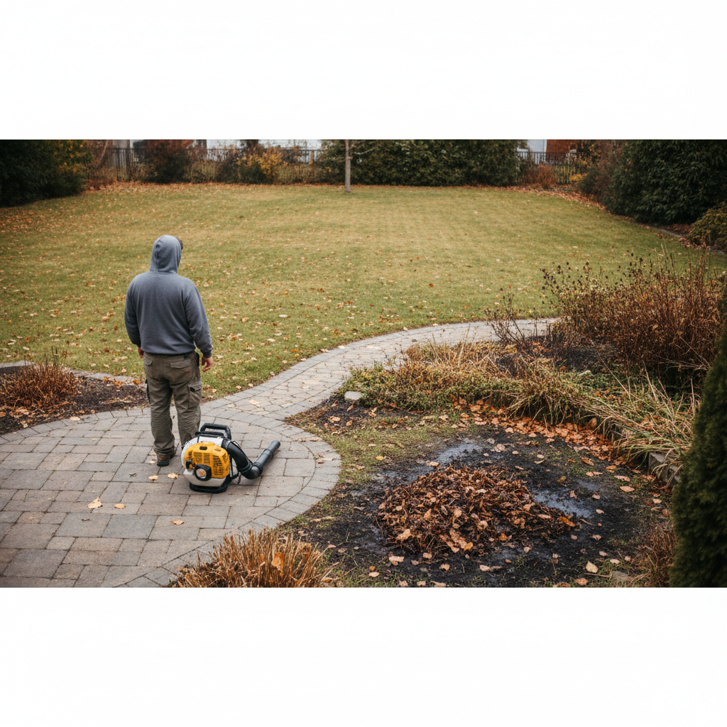 Person surveying a mixed yard of patio, walkway, and leafy lawn before starting cleanup.