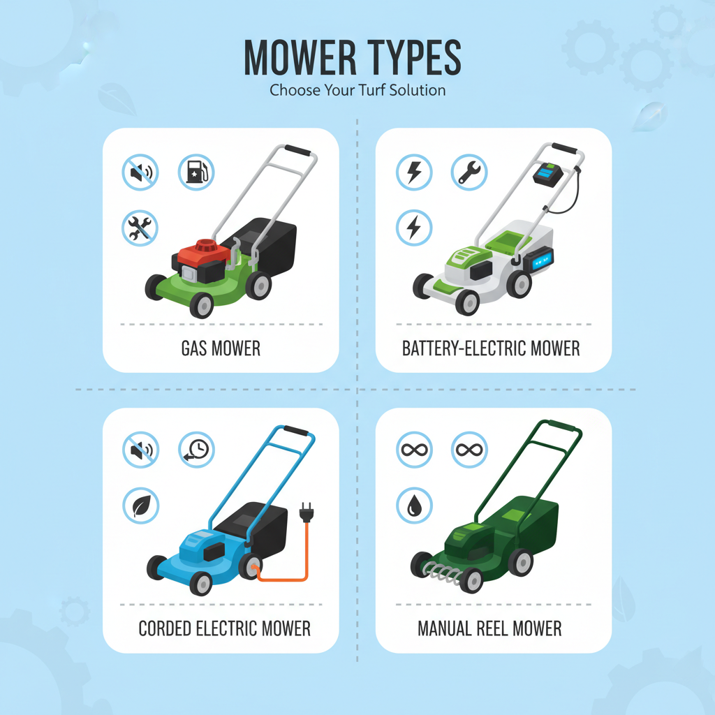 Visual comparison of four push mower types with characteristic design elements