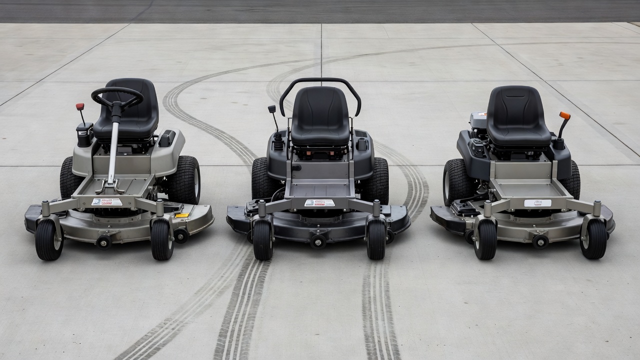 Three riding mower types side by side showing steering and deck differences: lawn tractor, zero-turn, rear-engine rider