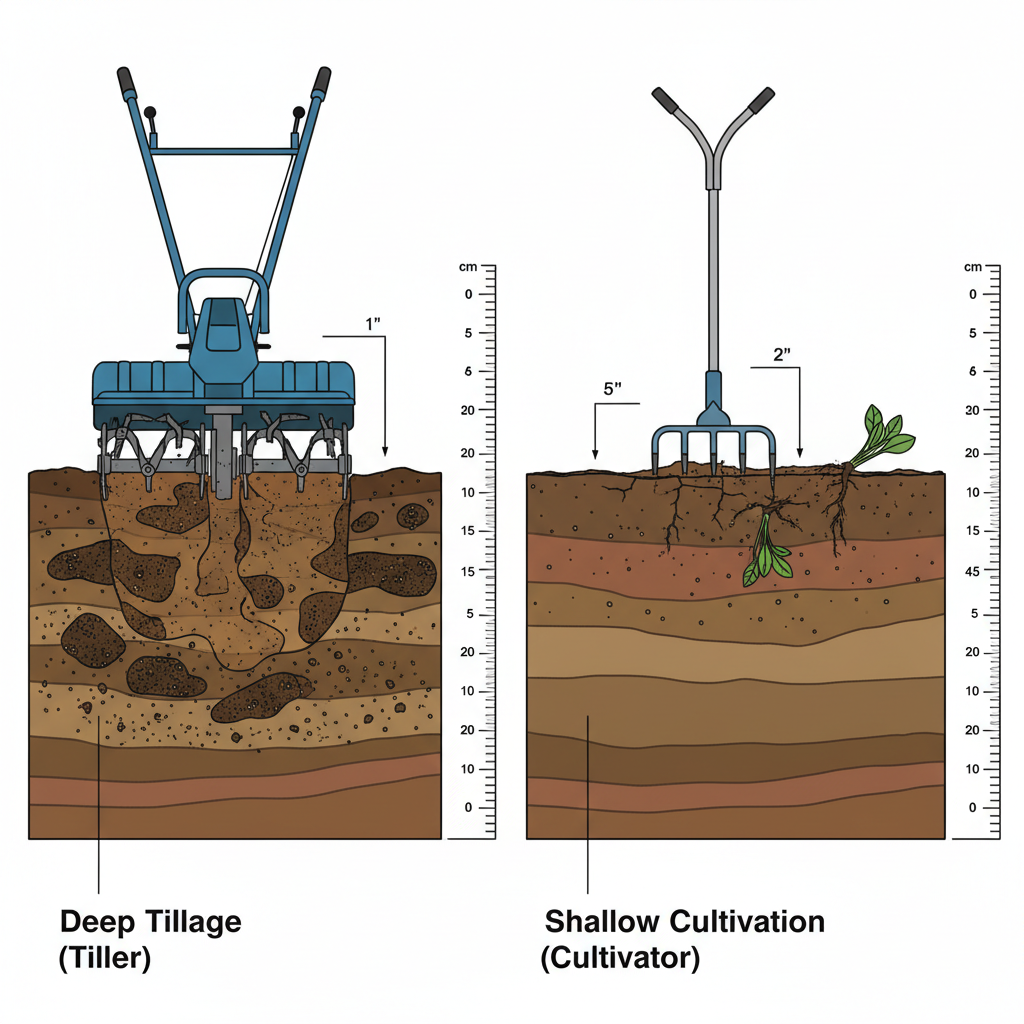 What's the Difference Between a Tiller and a Cultivator? (Complete Guide) Soil depth comparison between tiller and cultivator operation