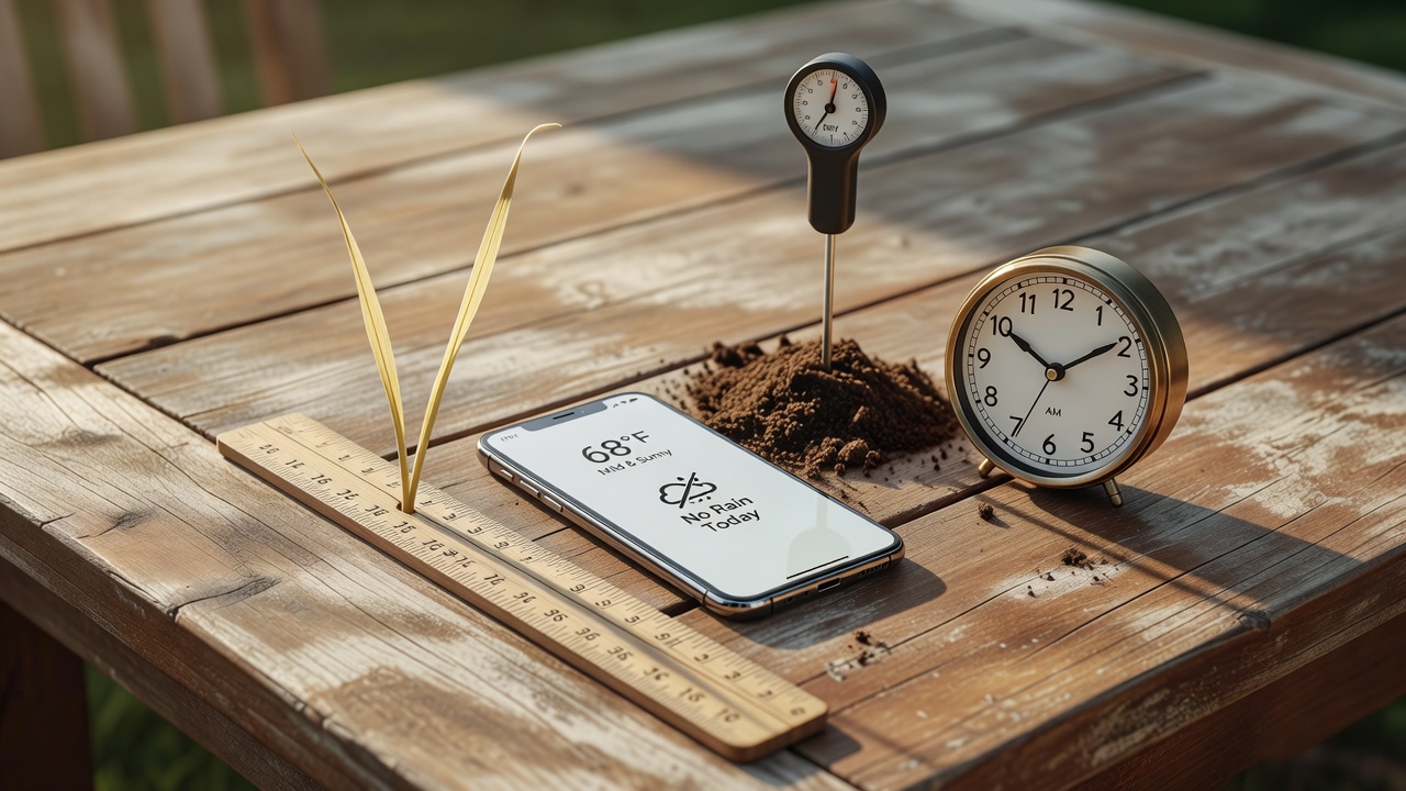 Lawn care checklist items including grass height measurement, weather app, moisture meter, and clock
