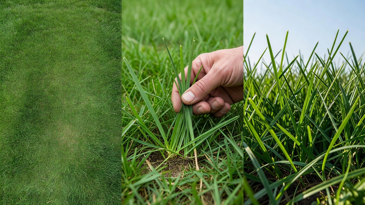 Three views demonstrating lawn readiness checks: uniform height coverage, root resistance test, and dense canopy density