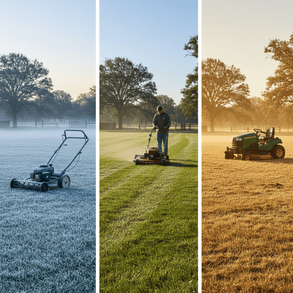 Three timing scenarios for lawn mowing showing frost, ideal midmorning, and afternoon conditions