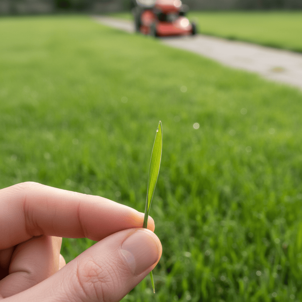When Can You Mow a New Lawn? (Height Rule, Timing by Method & Tips) A gardener's hand gently measuring the height of a young grass blade in a newly grown lawn