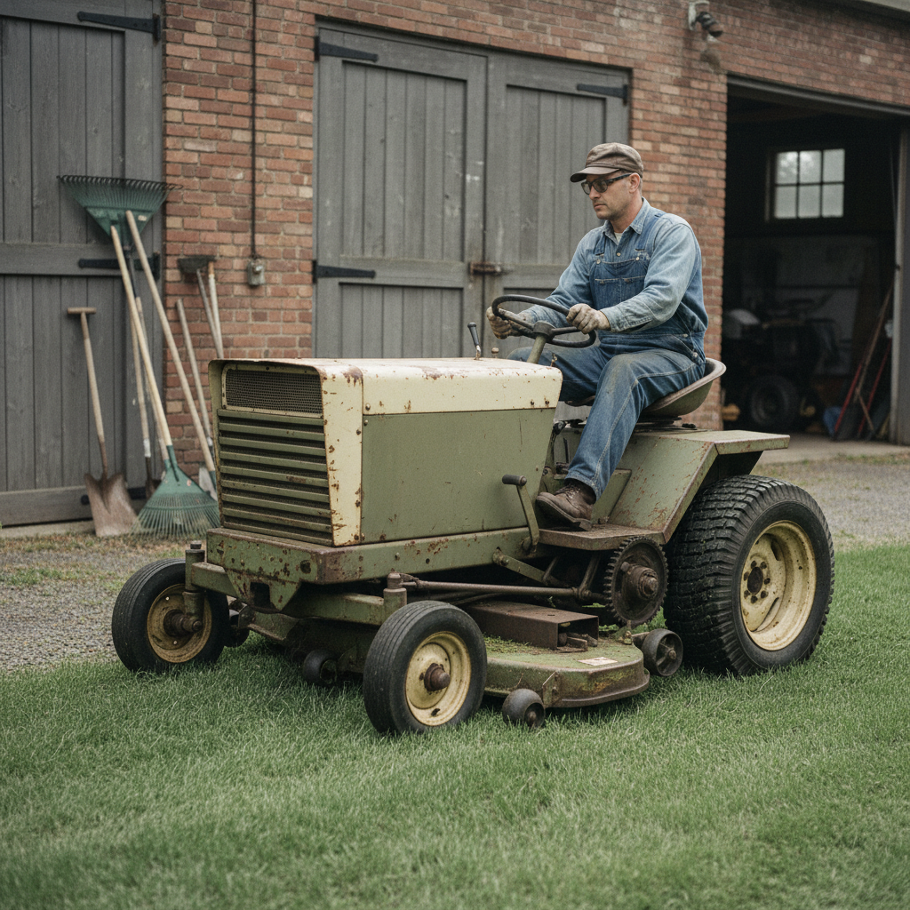 Early commercial riding mower in a mid-century park workyard