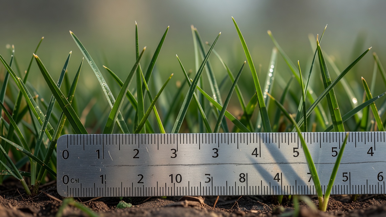 Ruler measuring grass height at soil level showing the one-third rule threshold