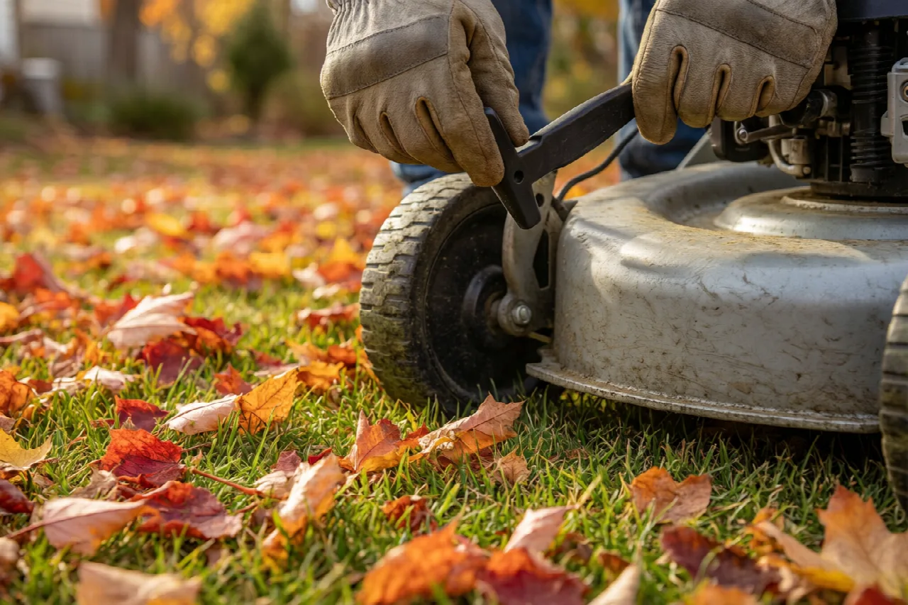 When Does Lawn Mowing Season End? Adjusting lawn mower height for the final cut of the season.