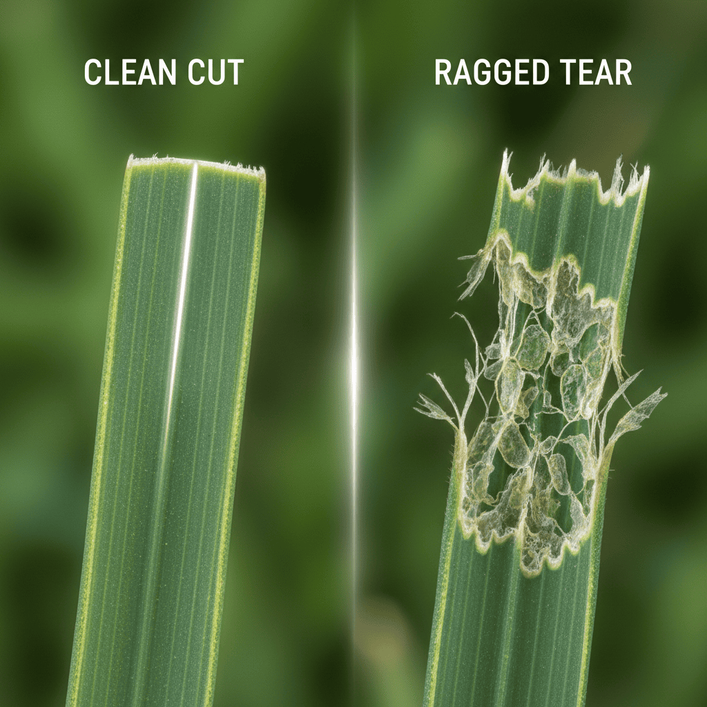 Comparison of clean-cut versus torn grass blades showing cellular damage