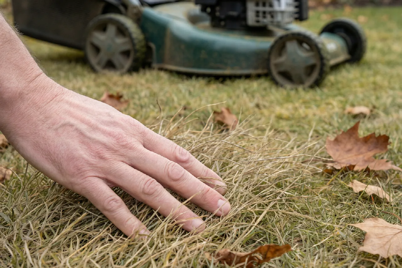 When Is It Too Late to Mow the Lawn? Fall Timing Guide Checking dry grass that has stopped growing for the season