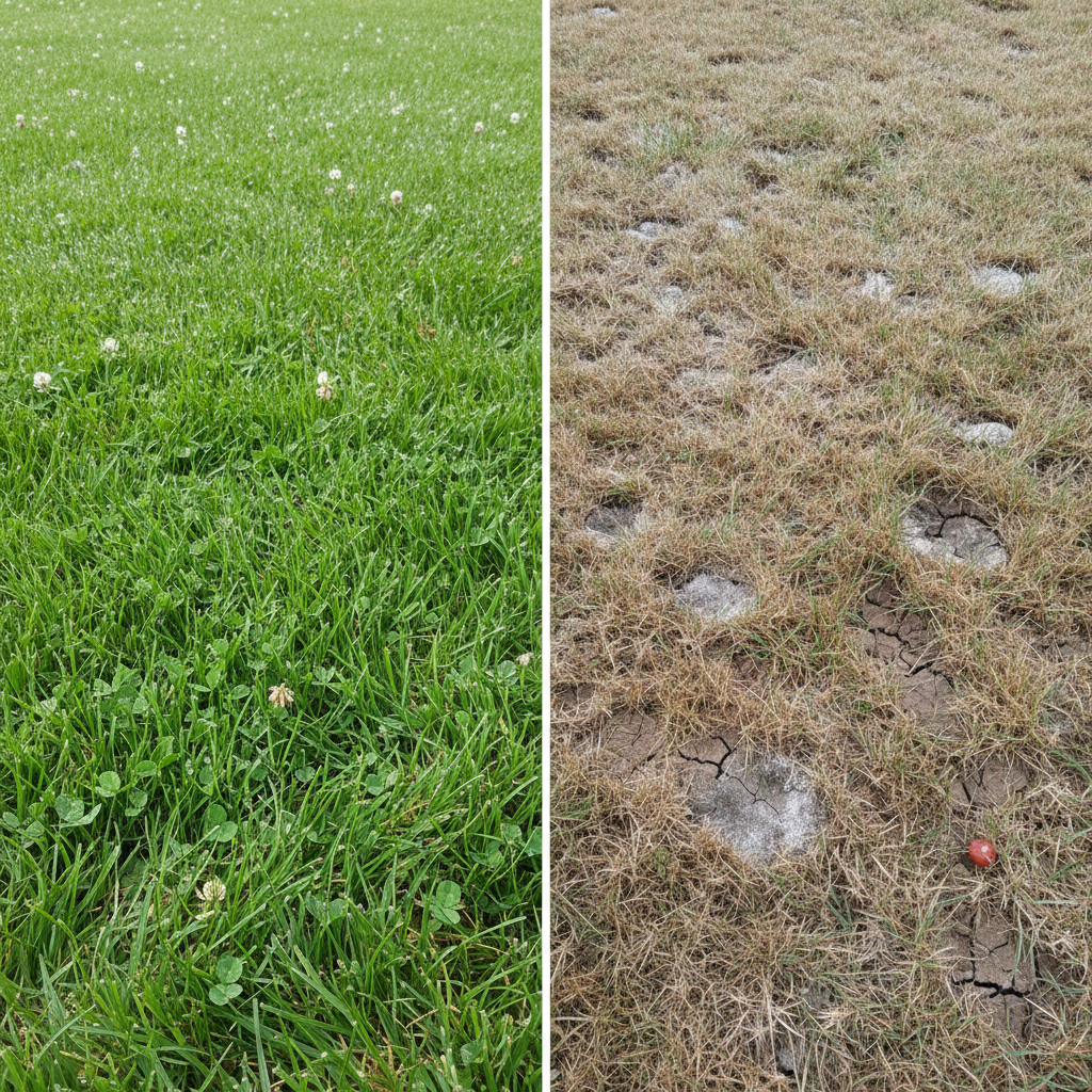 Comparison of healthy lawn versus diseased lawn affected by improper mowing timing