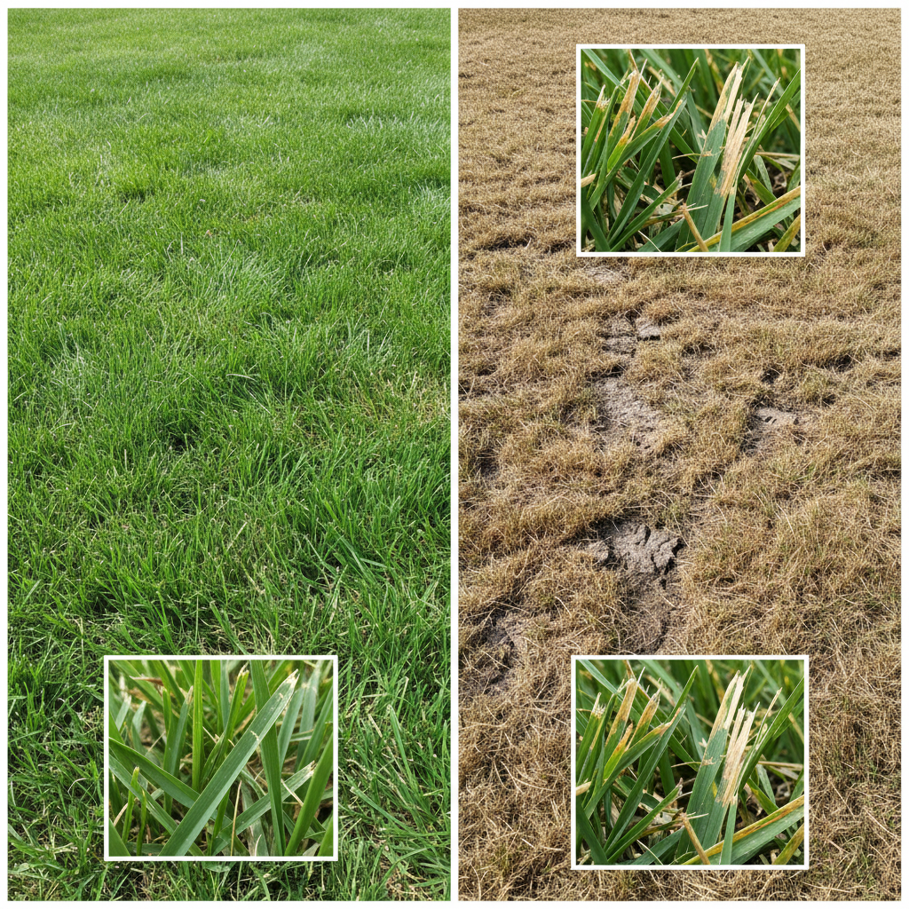 Why Timing Matters for Lawn Health Side-by-side comparison of healthy versus stressed lawn sections