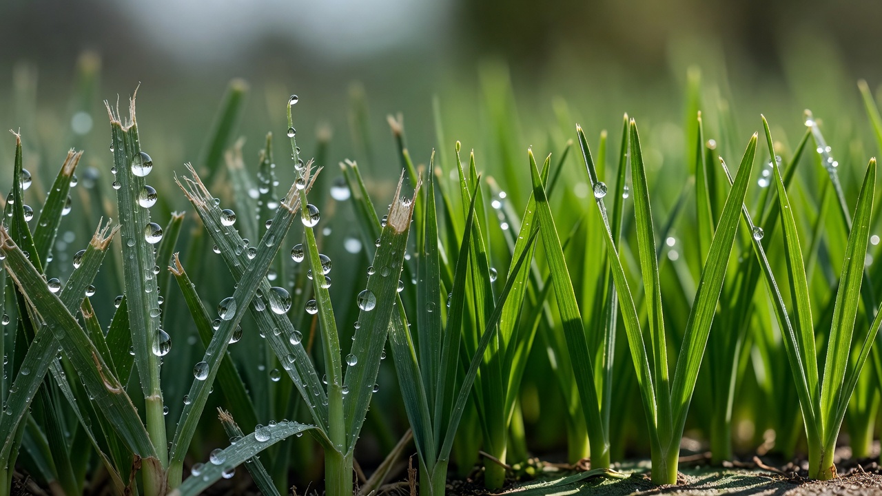 Close-up comparison of torn wet grass blades versus cleanly cut dry grass blades