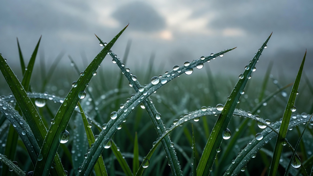 Grass blades covered in morning dew droplets in a misty garden.