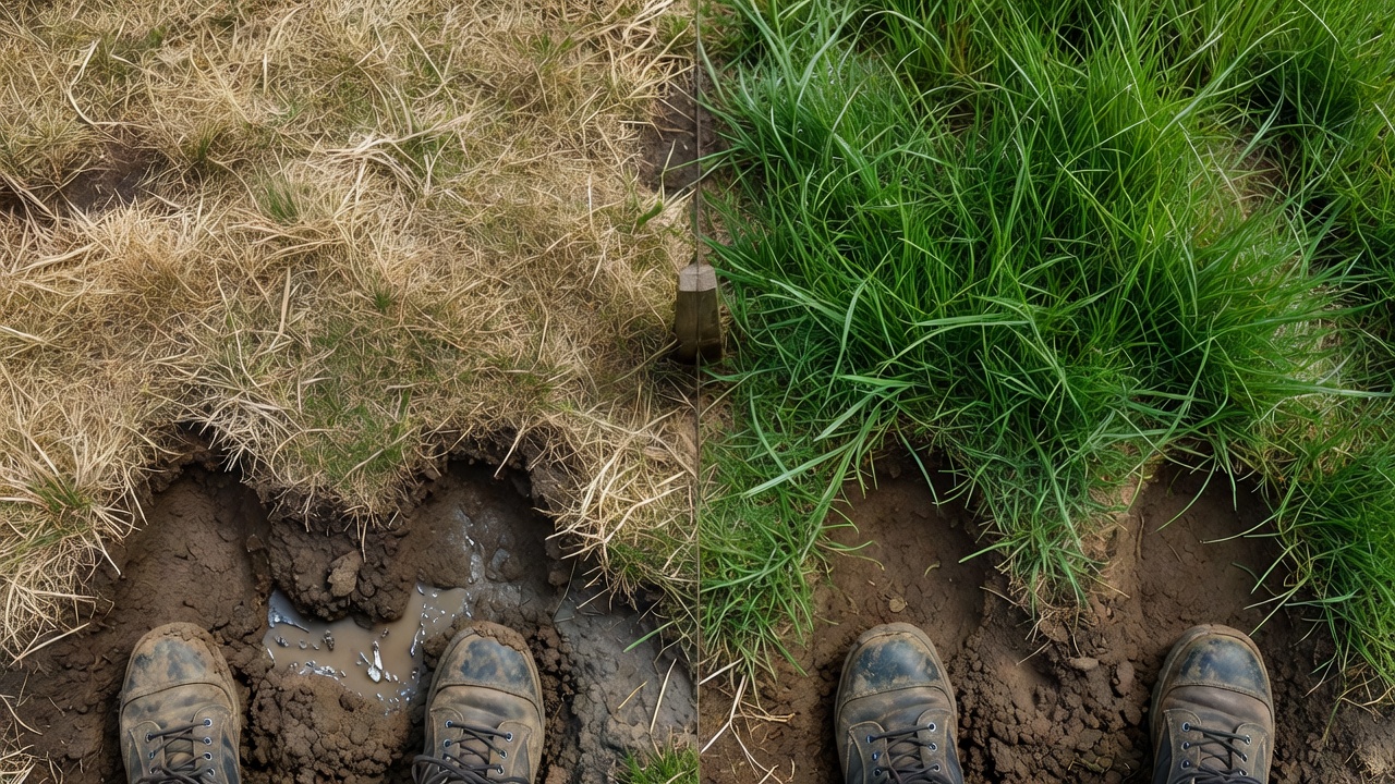Side-by-side comparison of dormant grass on wet soft soil versus active green growth on firm soil, with boot prints showing the difference.