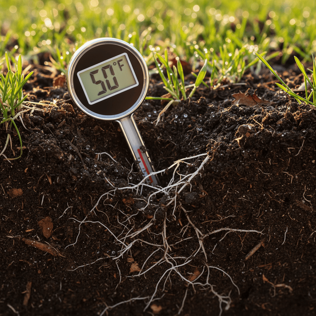 Soil thermometer inserted into lawn soil showing 50°F temperature threshold for mowing readiness
