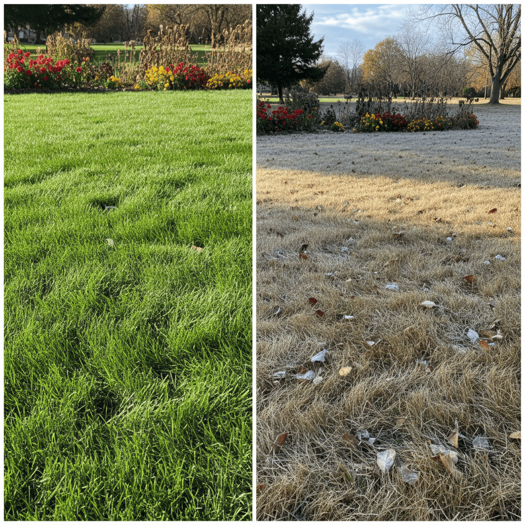 Side-by-side comparison of active summer lawn versus dormant fall lawn showing seasonal transition