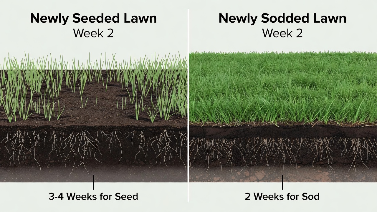 Side-by-side comparison of seeded lawn germination versus sodded lawn establishment timelines
