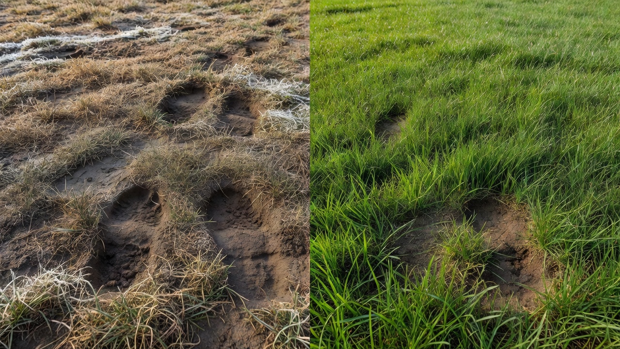 When Should You Mow Your Lawn After Winter? Side-by-side comparison of dormant spring lawn with frost and soft soil versus ready-to-mow lawn with green growth and firm ground